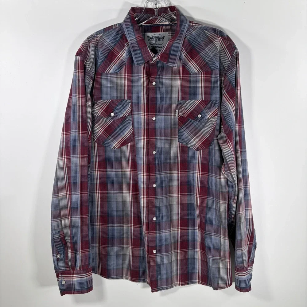 Levi Western Shirt Mens XL Pearl Snap Red Blue Plaid Vintage Cowboy Workwear